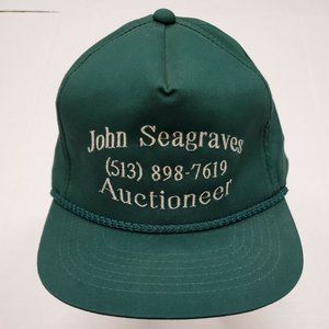 Vintage John Seagraves Auctioneer Green Adjustable Snapback Hat Cap Good Cond